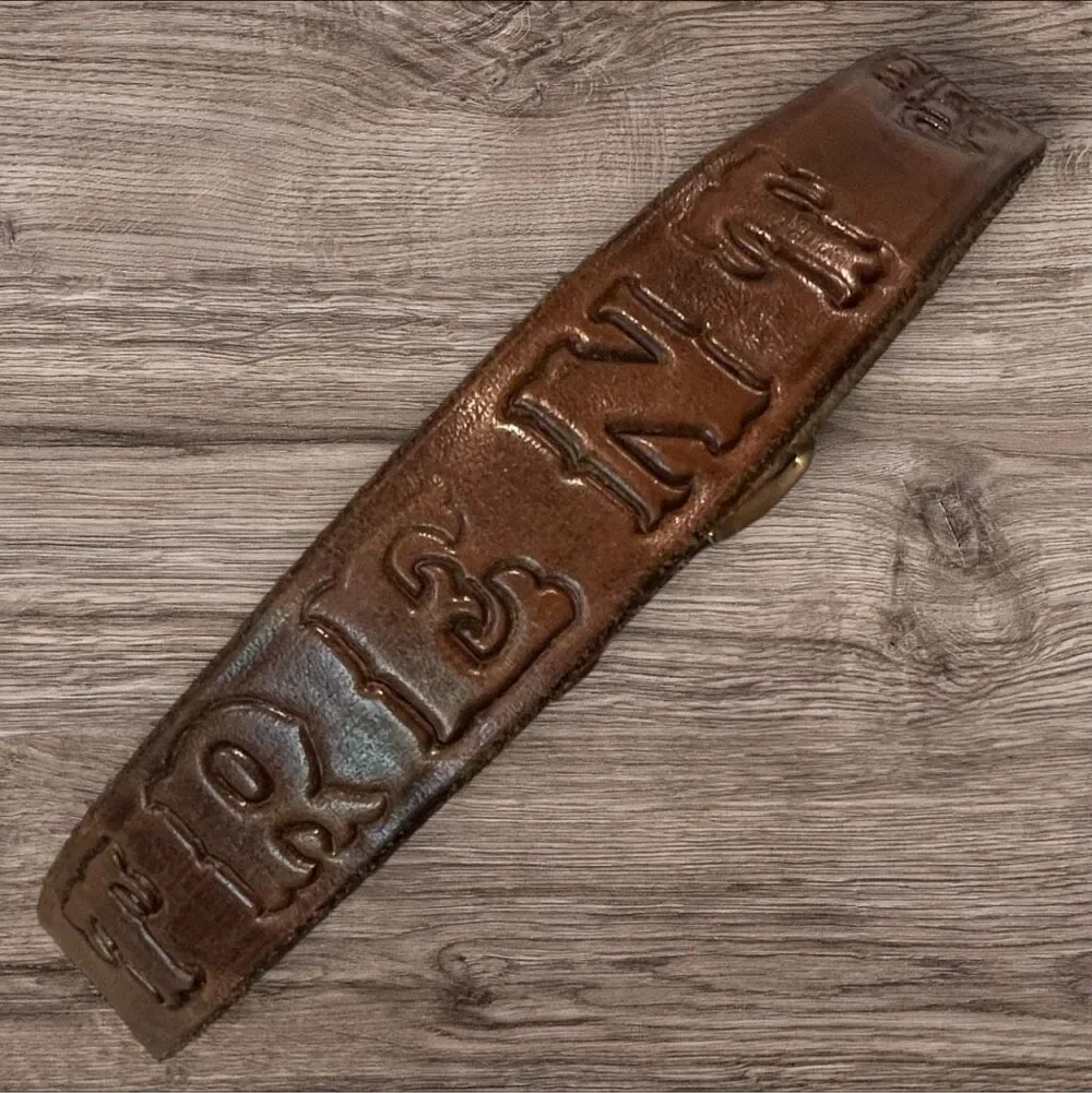 Trent Brown Leather Belt Embossed Name & Trucks Brass Tone Buckle